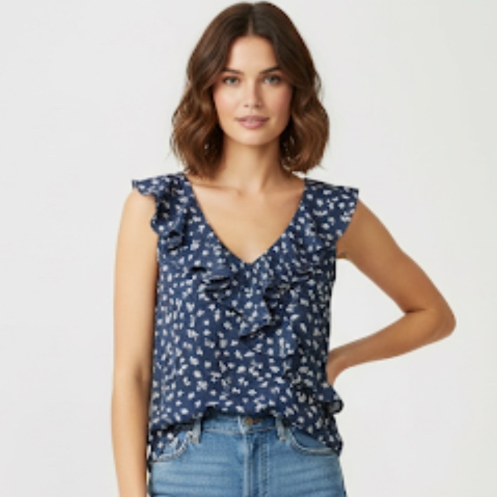 Floral Ruffle V-Neck Top - Blue